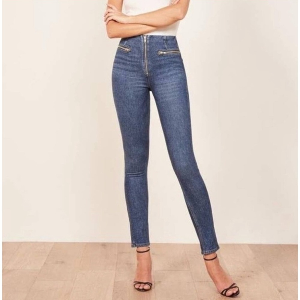 Reformation Niki Jean High Rise Exposed Zipper Skinny Denim Medium Wash LY479